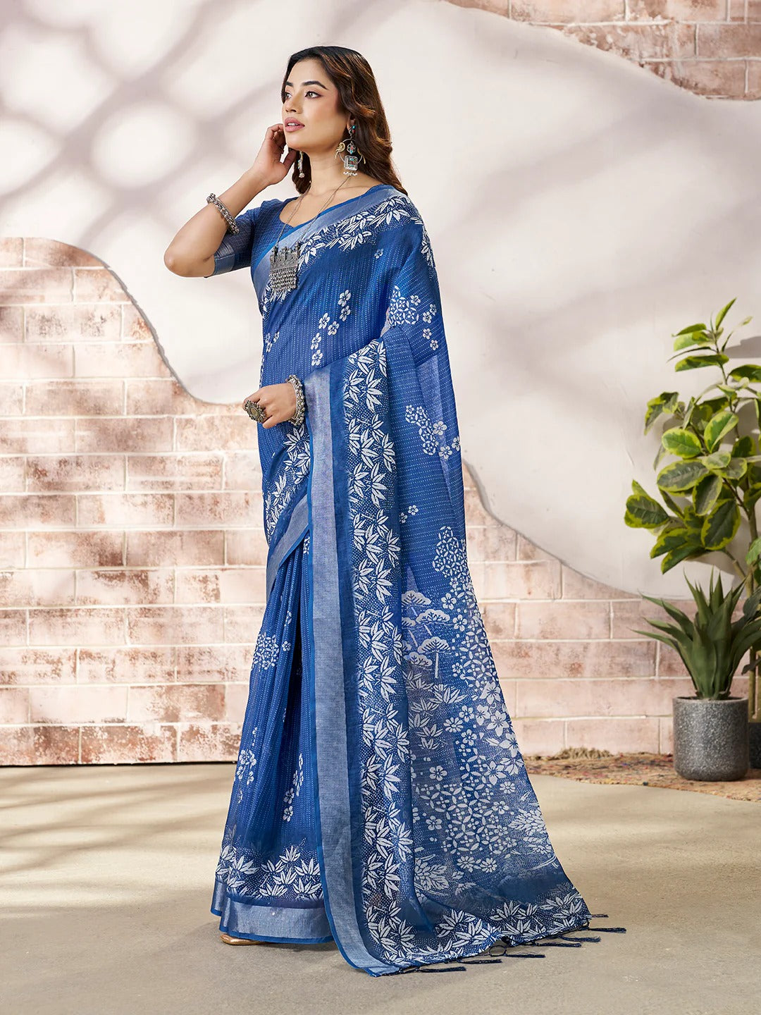 a Royal Blue Floral Linen Cotton Saree for Women