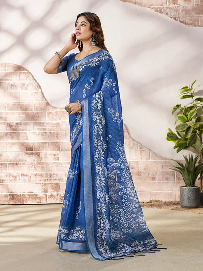 a Royal Blue Floral Linen Cotton Saree for Women
