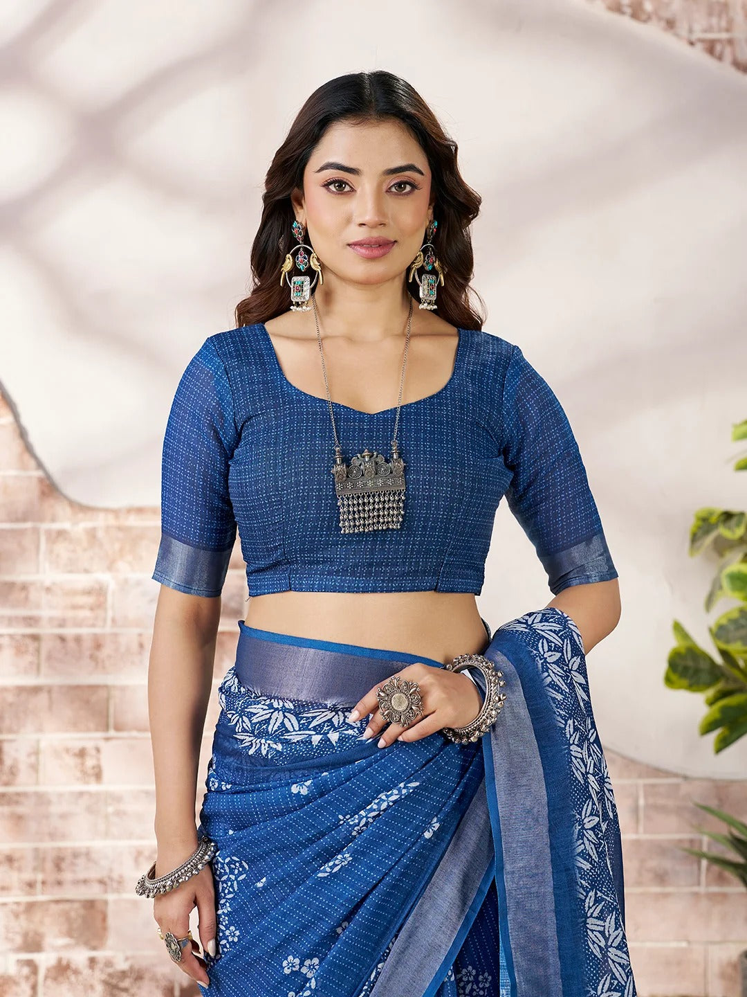 a Royal Blue Floral Linen Cotton Saree for Women
