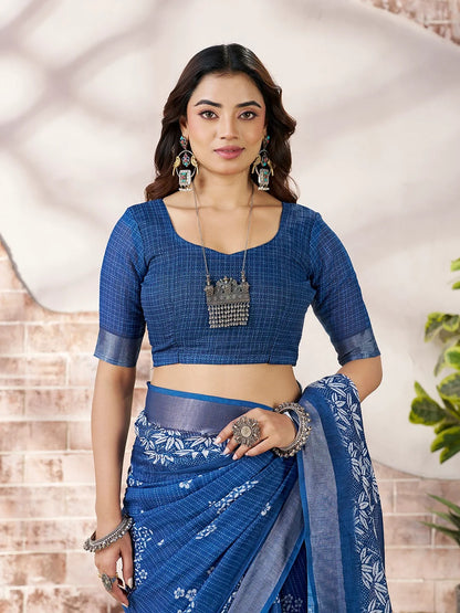 a Royal Blue Floral Linen Cotton Saree for Women