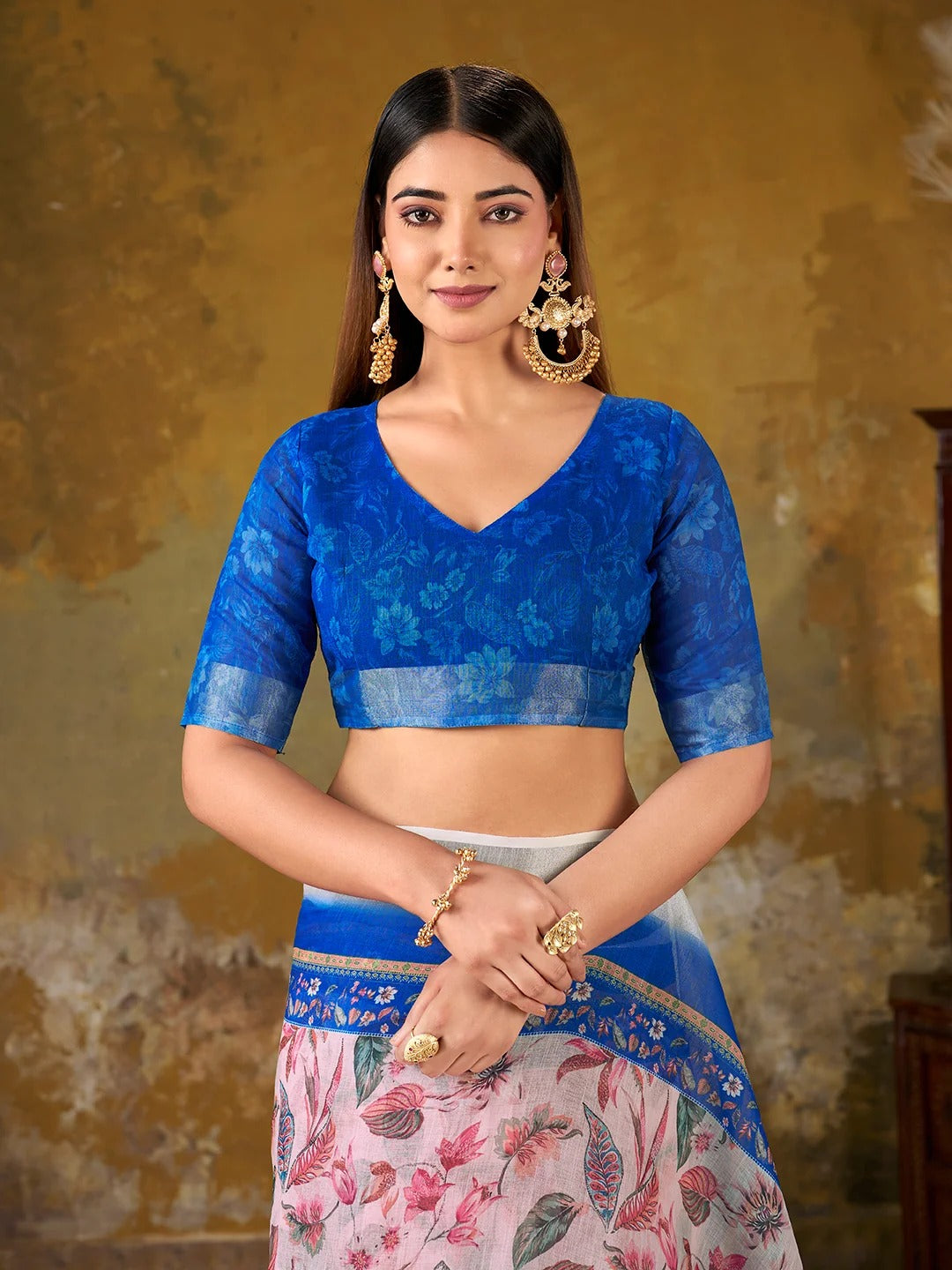 Pink Floral Printed Linen Cotton Saree With Blue Border for Women