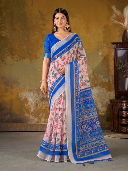 Pink Floral Printed Linen Cotton Saree With Blue Border for Women