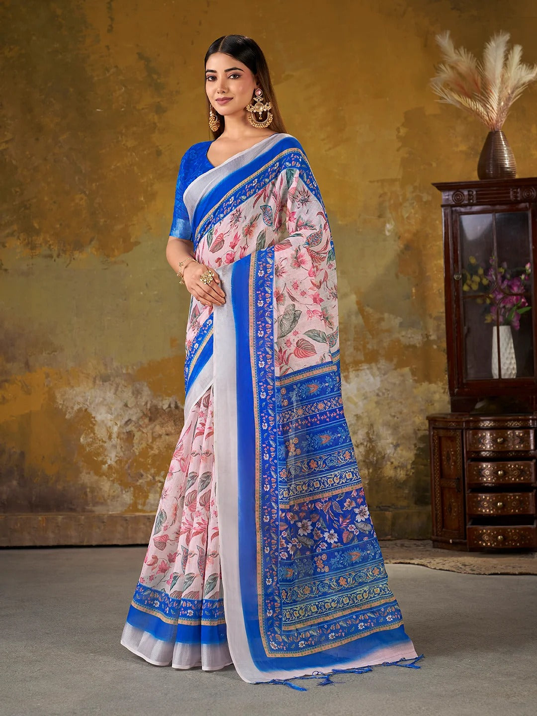 Pink Floral Printed Linen Cotton Saree With Blue Border for Women