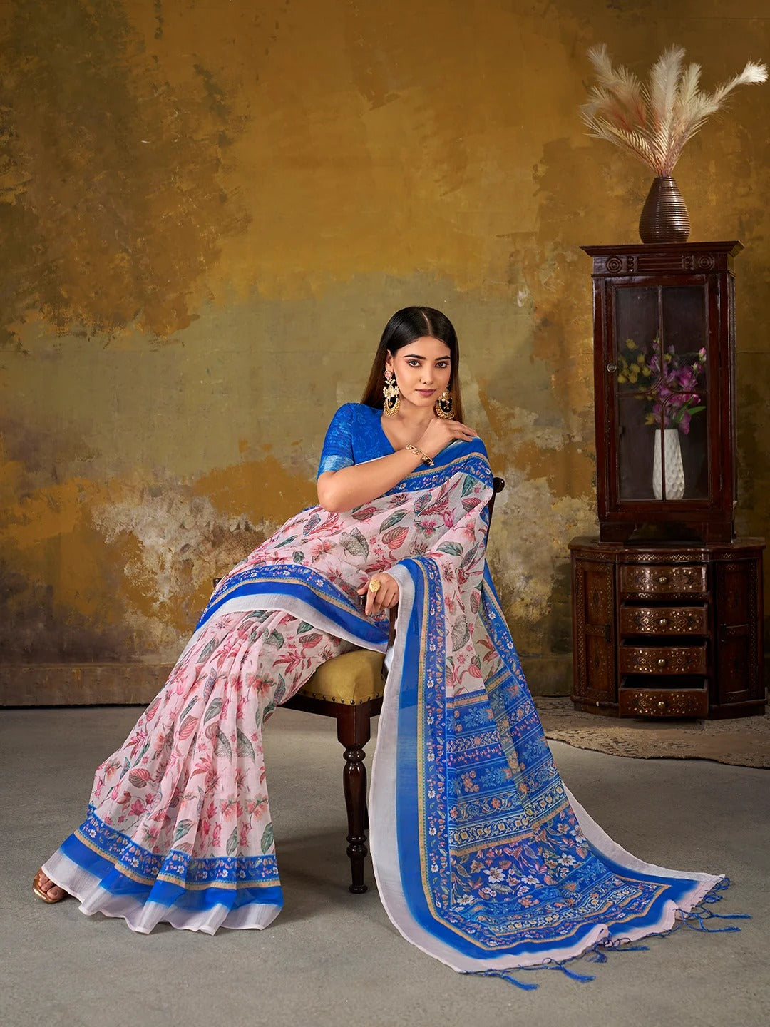 Pink Floral Printed Linen Cotton Saree With Blue Border for Women