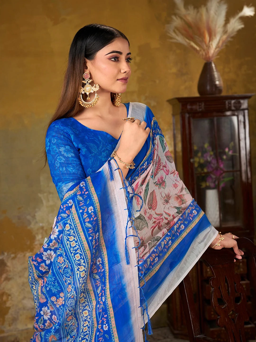 Pink Floral Printed Linen Cotton Saree With Blue Border for Women