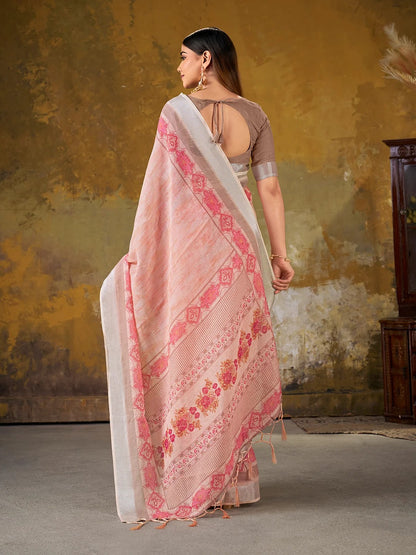Peach Linen Cotton Floral Saree with Border Tassels for Women