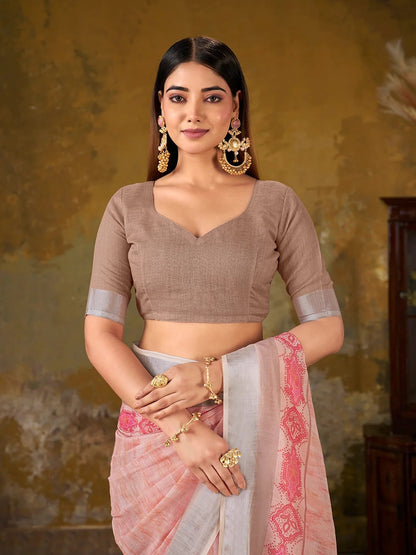 Peach Linen Cotton Floral Saree with Border Tassels for Women