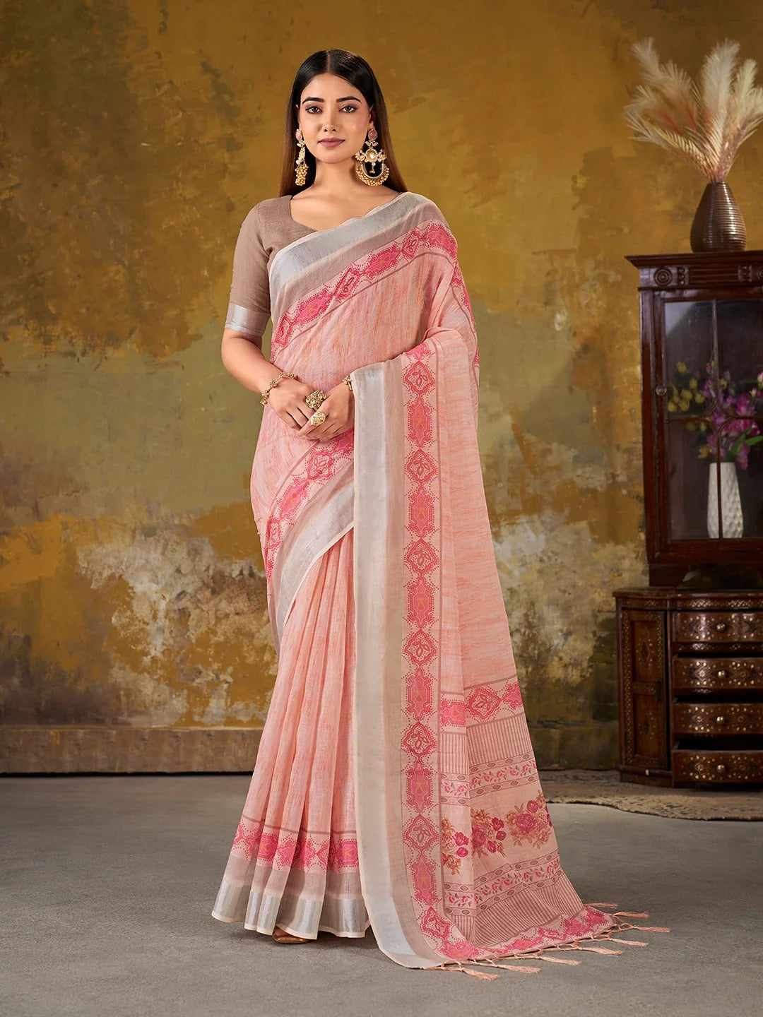 Peach Linen Cotton Floral Saree with Border Tassels for Women