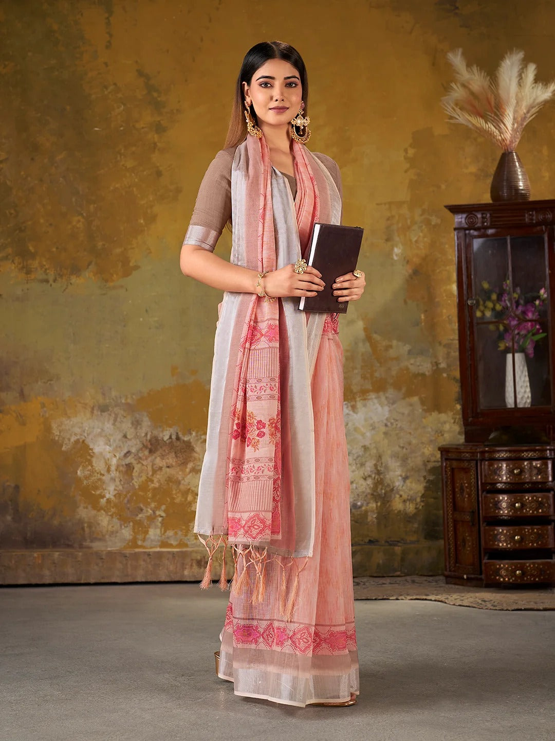 Peach Linen Cotton Floral Saree with Border Tassels for Women