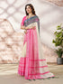 Cream Linen Cotton Printed Saree with Pink Border for Women