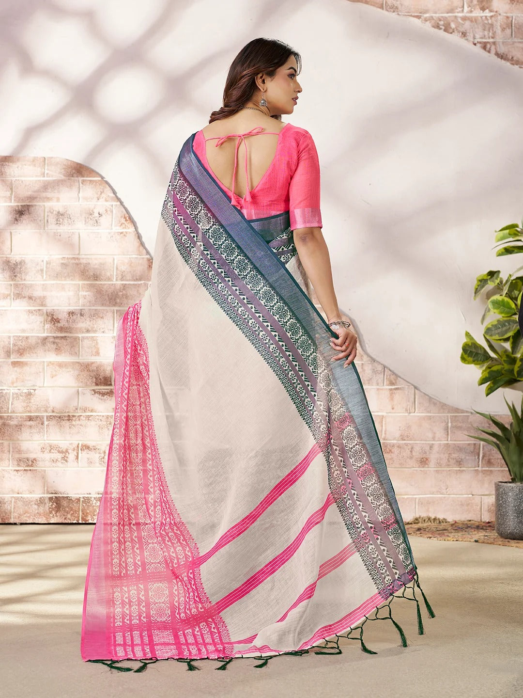 Cream Linen Cotton Printed Saree with Pink Border for Women