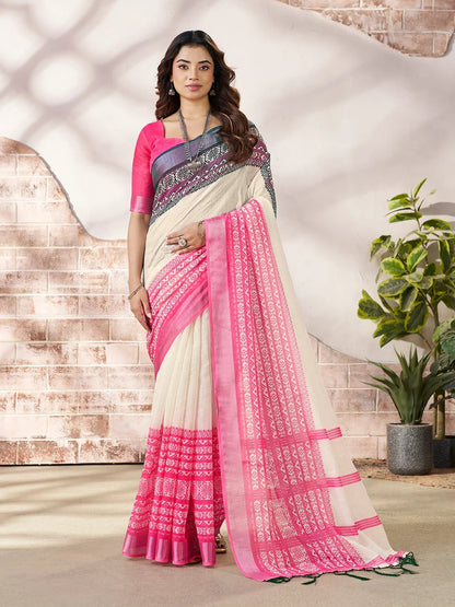 Cream Linen Cotton Printed Saree with Pink Border for Women