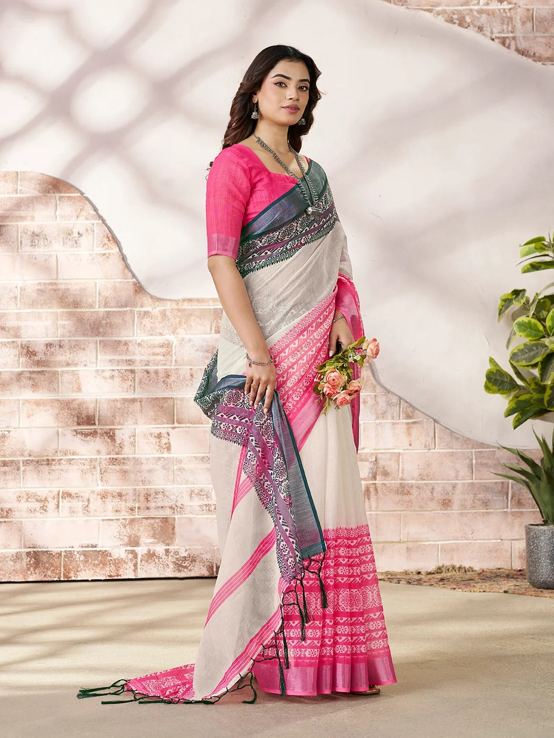 Cream Linen Cotton Printed Saree with Pink Border for Women