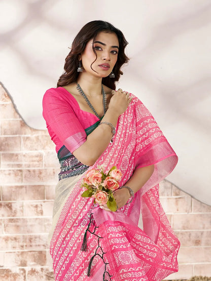Cream Linen Cotton Printed Saree with Pink Border for Women
