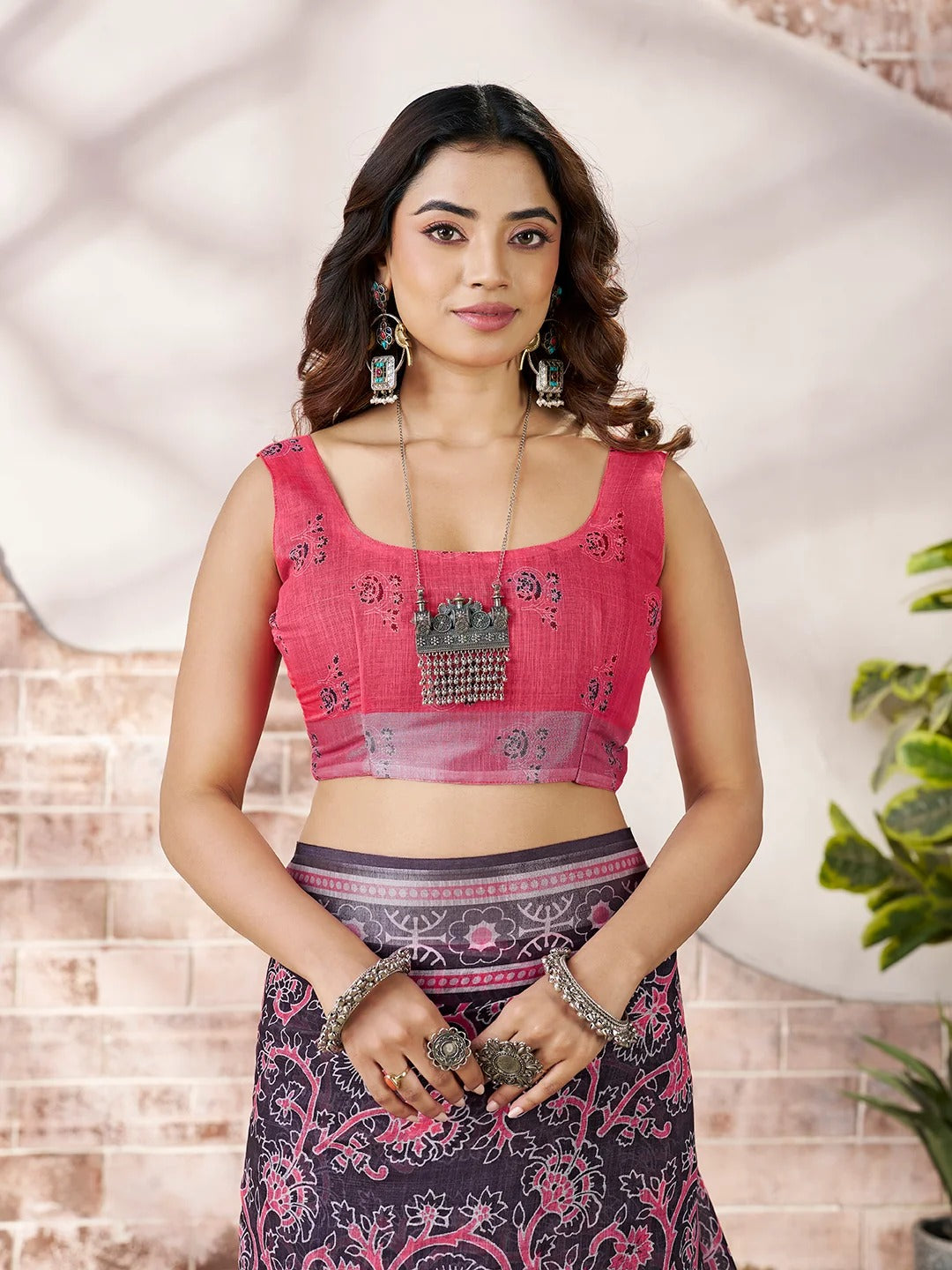 Pink Floral Linen Cotton Saree with Contrast Border for Women