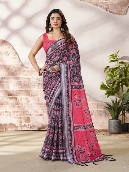 Pink Floral Linen Cotton Saree with Contrast Border for Women