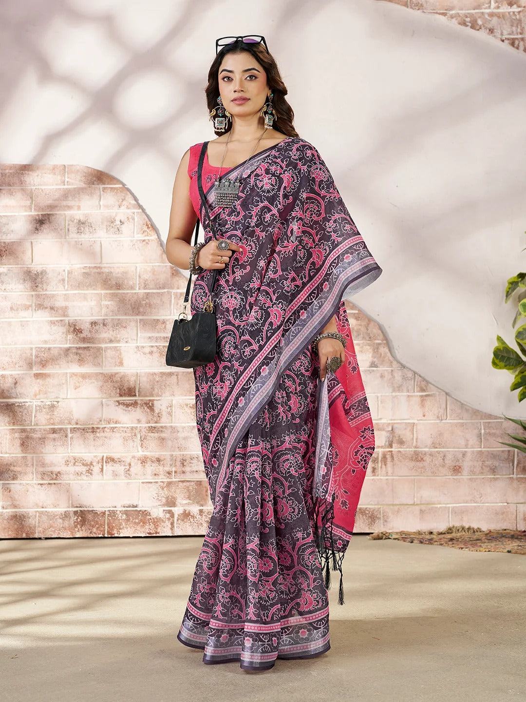 Pink Floral Linen Cotton Saree with Contrast Border for Women