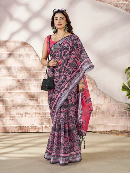 Pink Floral Linen Cotton Saree with Contrast Border for Women