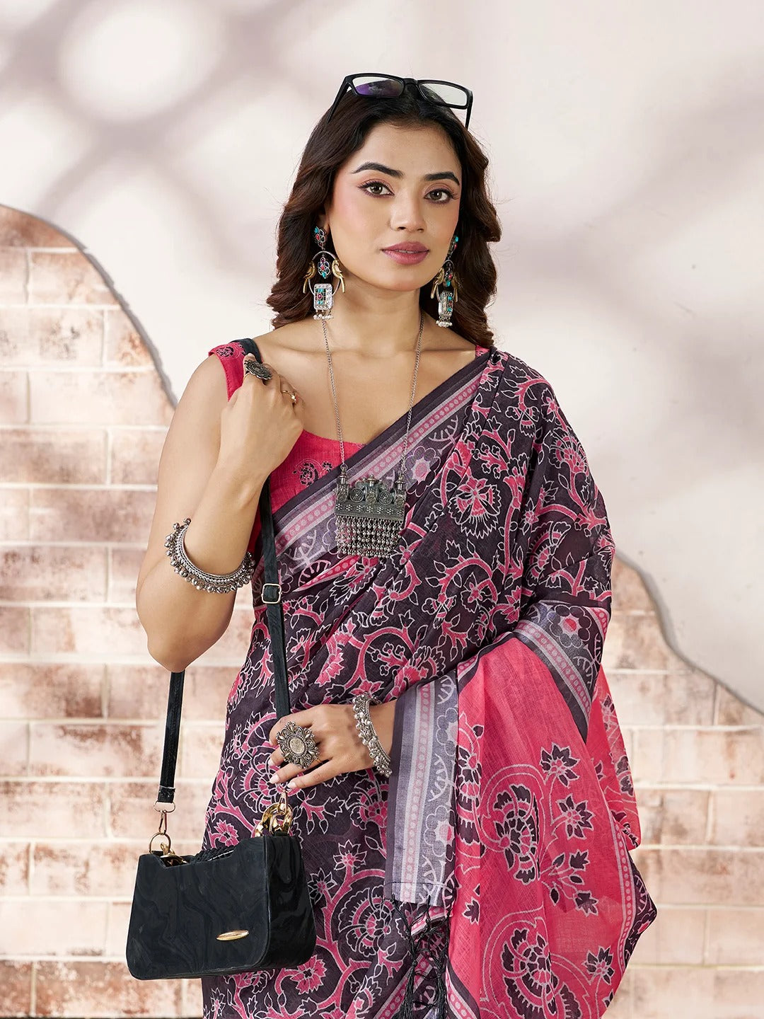Pink Floral Linen Cotton Saree with Contrast Border for Women