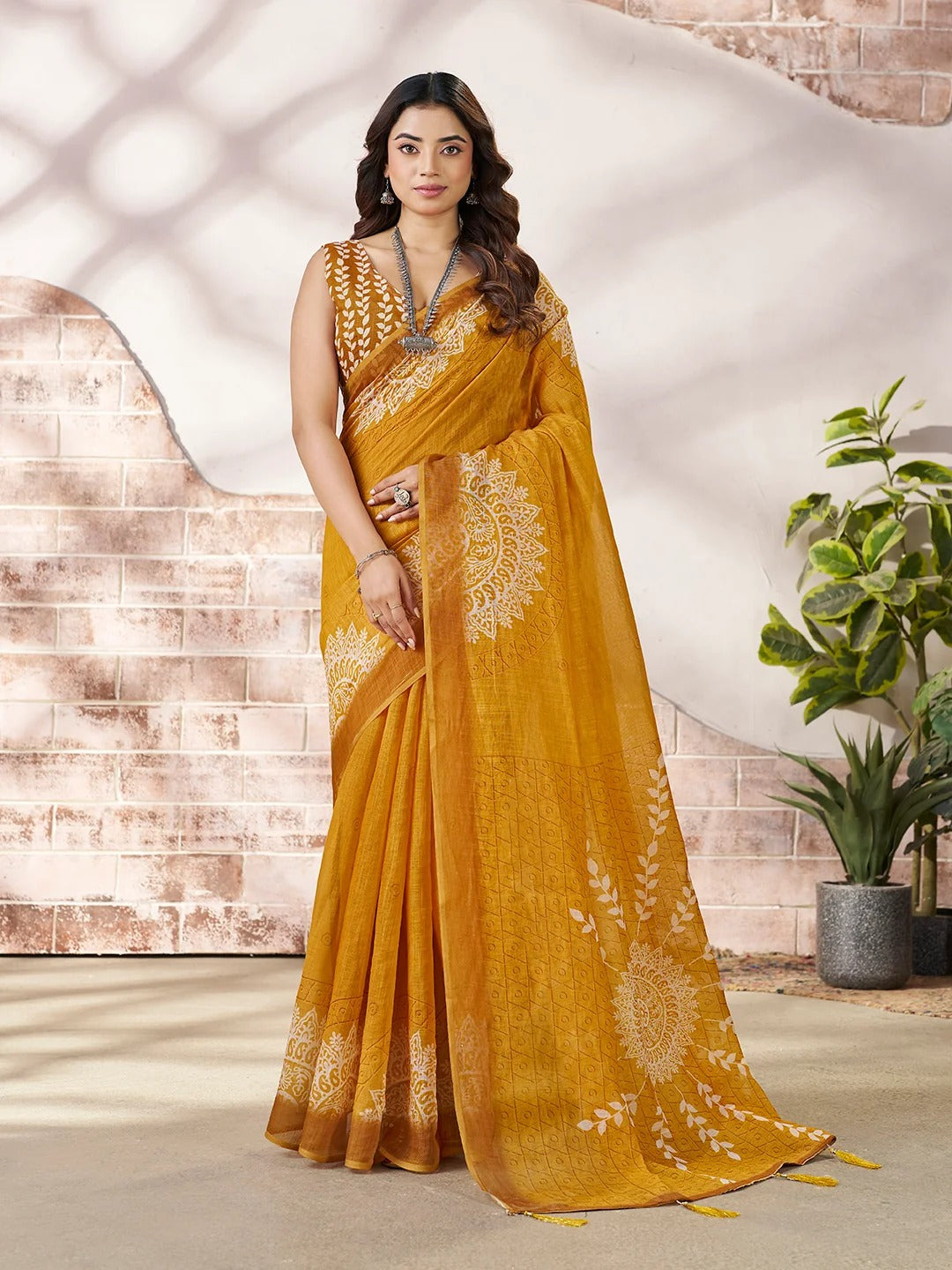 Mustard Linen Cotton Floral Printed Saree for Women