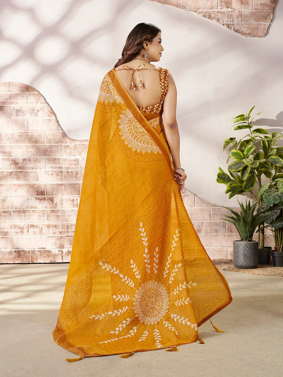 Mustard Linen Cotton Floral Printed Saree for Women