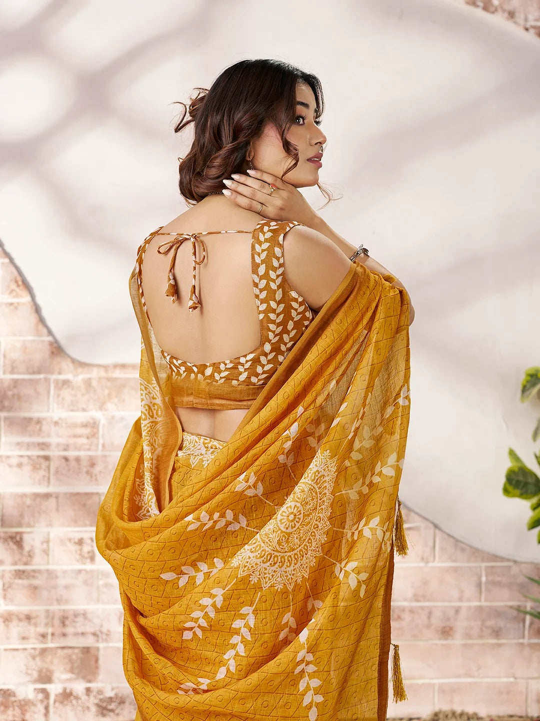 Mustard Linen Cotton Floral Printed Saree for Women