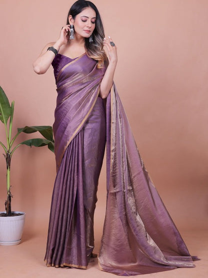 Purple Fandy Shimmer Solid Saree With Blouse by for Women