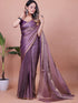 Purple Fandy Shimmer Solid Saree With Blouse by for Women