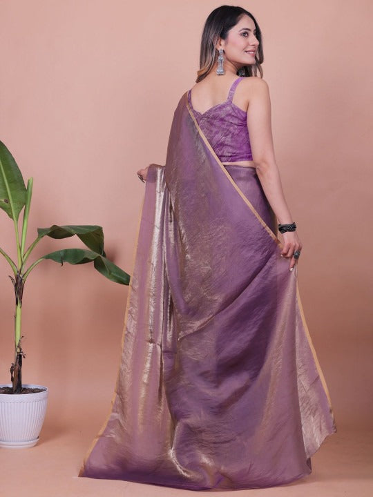 Purple Fandy Shimmer Solid Saree With Blouse by for Women