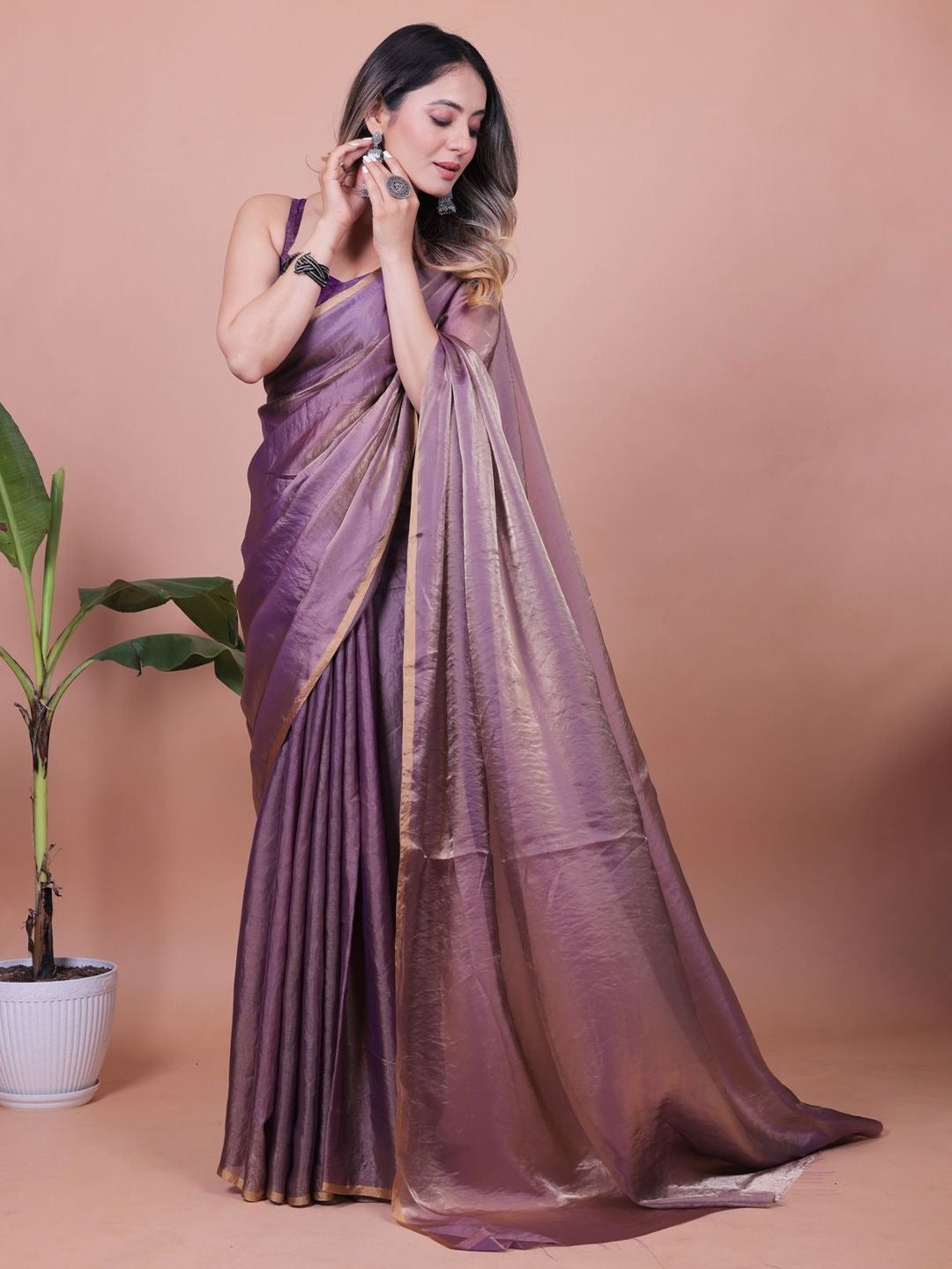 Purple Fandy Shimmer Solid Saree With Blouse by for Women