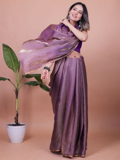 Purple Fandy Shimmer Solid Saree With Blouse by for Women