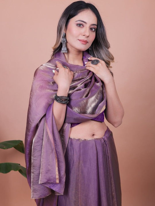 Purple Fandy Shimmer Solid Saree With Blouse by for Women