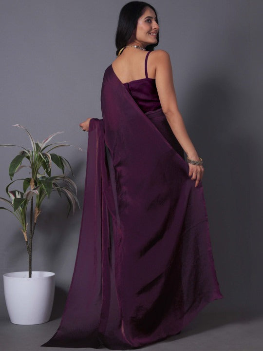Wine Fandy Solid Saree With Blouse by for Women