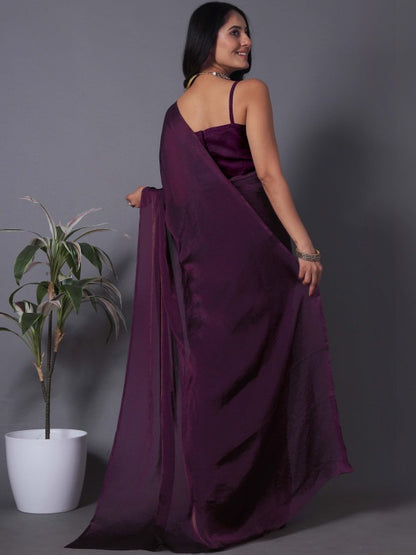 Wine Fandy Solid Saree With Blouse by for Women
