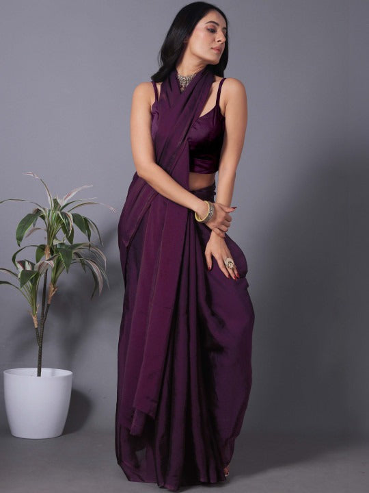 Wine Fandy Solid Saree With Blouse by for Women