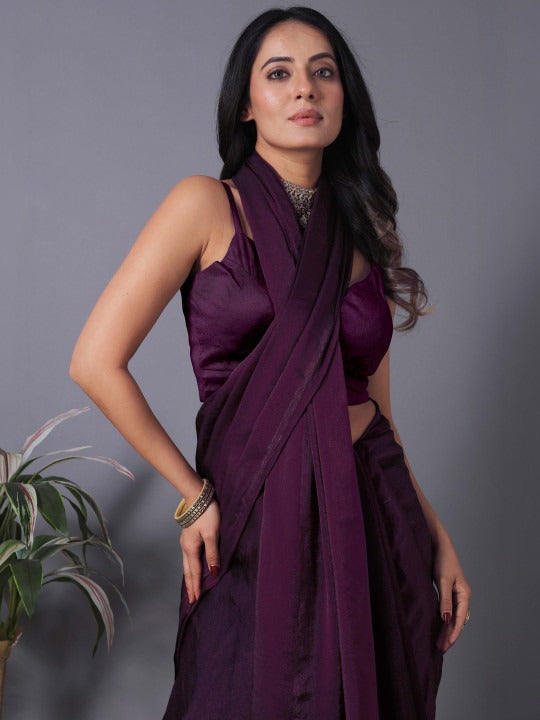 Wine Fandy Solid Saree With Blouse by for Women