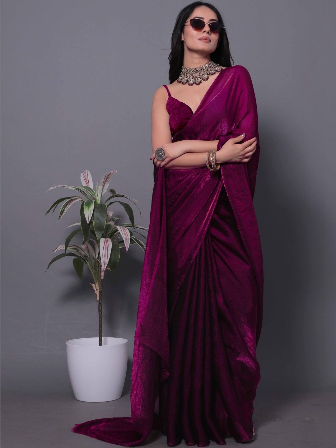 Magenta Fandy Solid Shimmer Saree With Blouse for Women