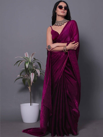 Magenta Fandy Solid Shimmer Saree With Blouse for Women