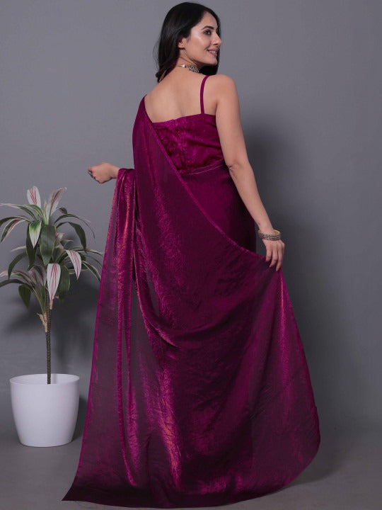 Magenta Fandy Solid Shimmer Saree With Blouse for Women