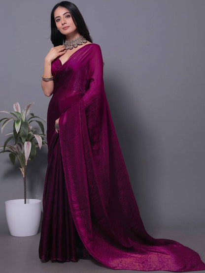 Magenta Fandy Solid Shimmer Saree With Blouse for Women