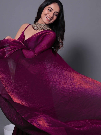 Magenta Fandy Solid Shimmer Saree With Blouse for Women