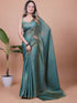 Teal Fandy Solid Saree With Blouse by 2 for Women