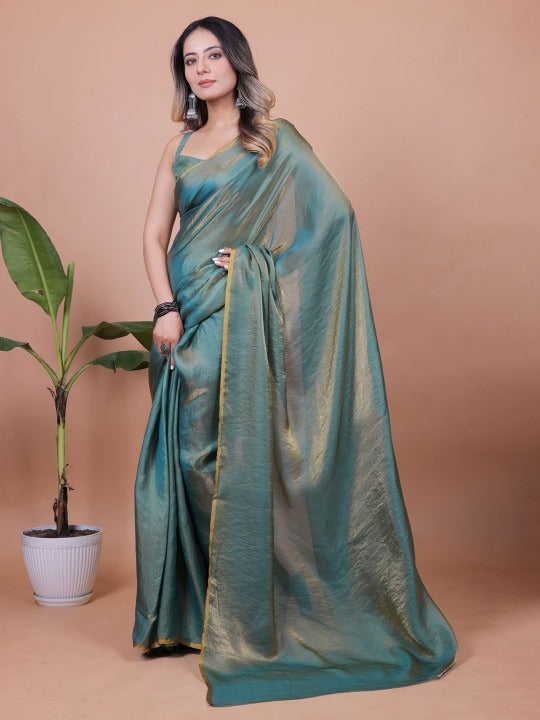 Teal Fandy Solid Saree With Blouse by 2 for Women