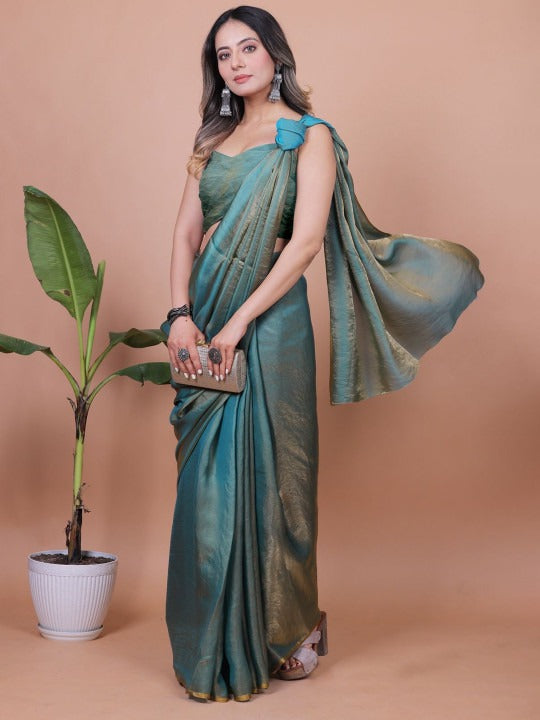 Teal Fandy Solid Saree With Blouse by 2 for Women