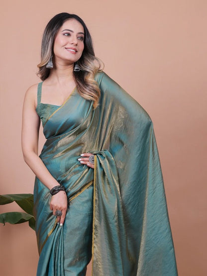 Teal Fandy Solid Saree With Blouse by 2 for Women