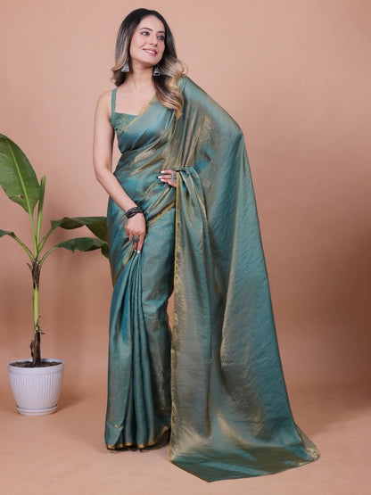 Teal Fandy Solid Saree With Blouse by 2 for Women