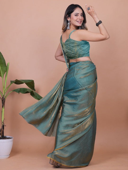 Teal Fandy Solid Saree With Blouse by 2 for Women