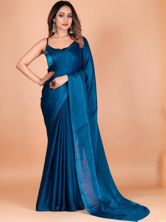 Teal Fandy Solid Saree With Blouse by for Women