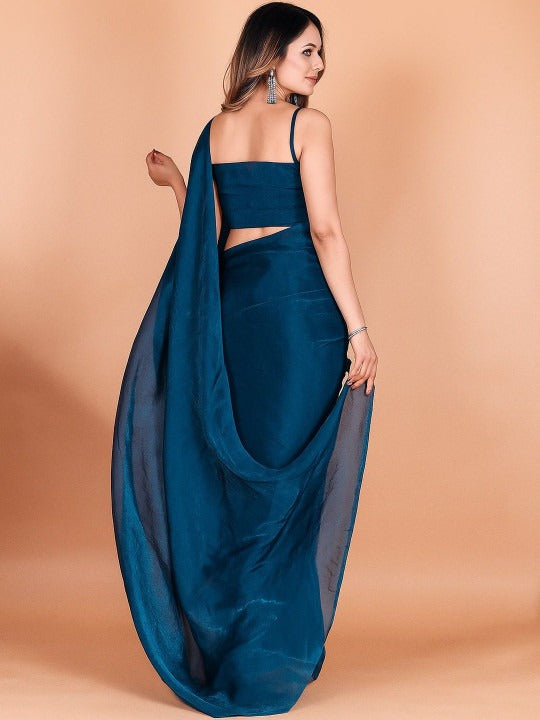 Teal Fandy Solid Saree With Blouse by for Women