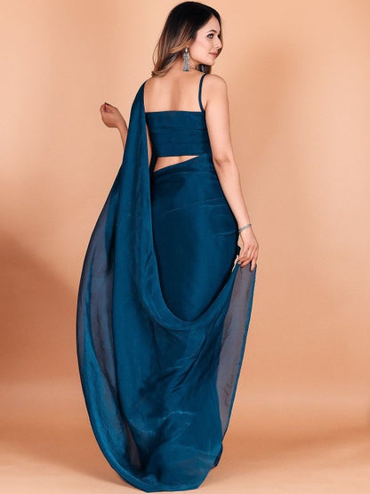 Teal Fandy Solid Saree With Blouse by for Women